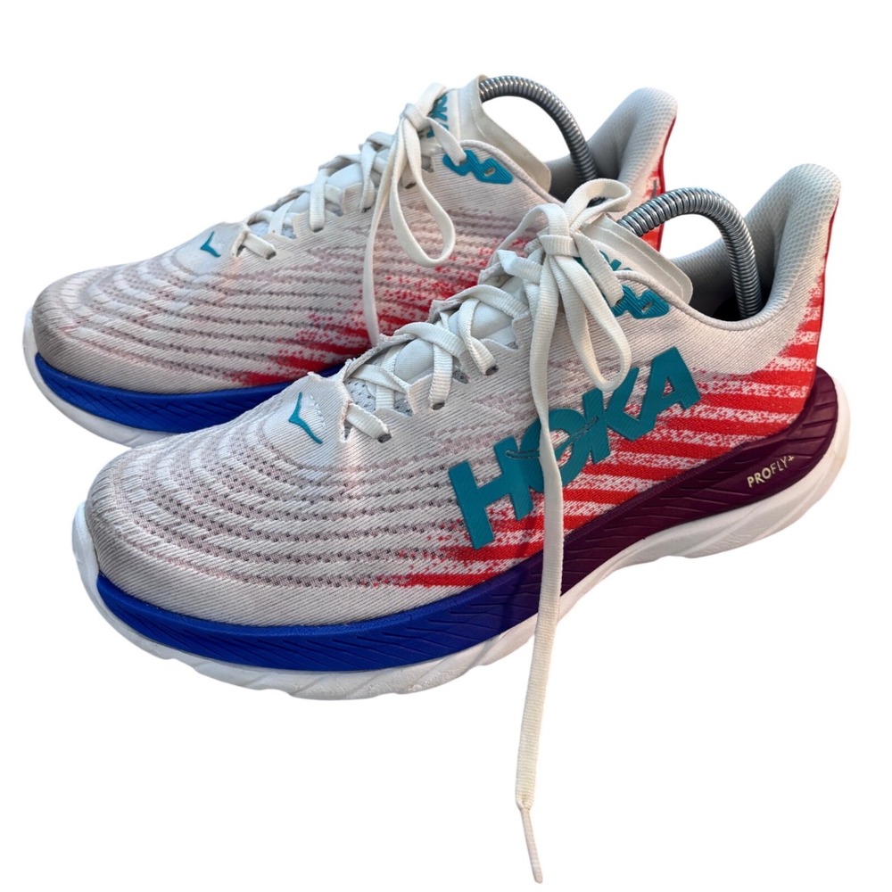 Hoka One One Mach 5 Mens 8 Running Shoes White Flame Blue Glass 1127893 WFM